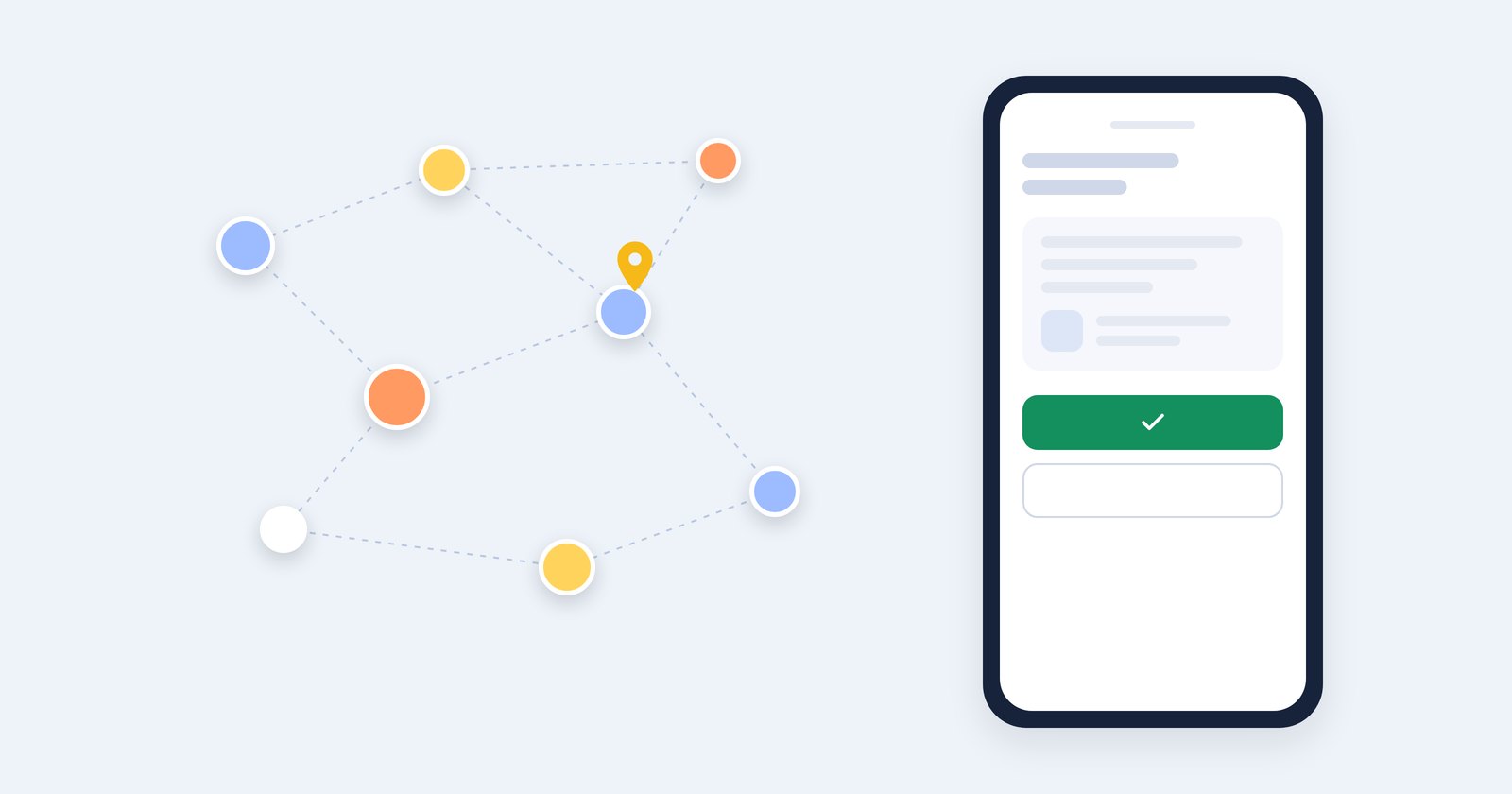 A network of connected people with a location pin, next to a phone showing a job offer with an accept button